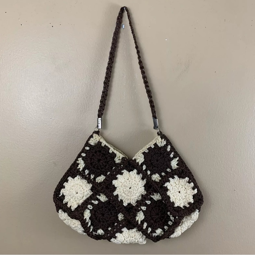 Vintage Handmade Crochet Knit Purse Brown Cream Granny Square Boho 70s hippie